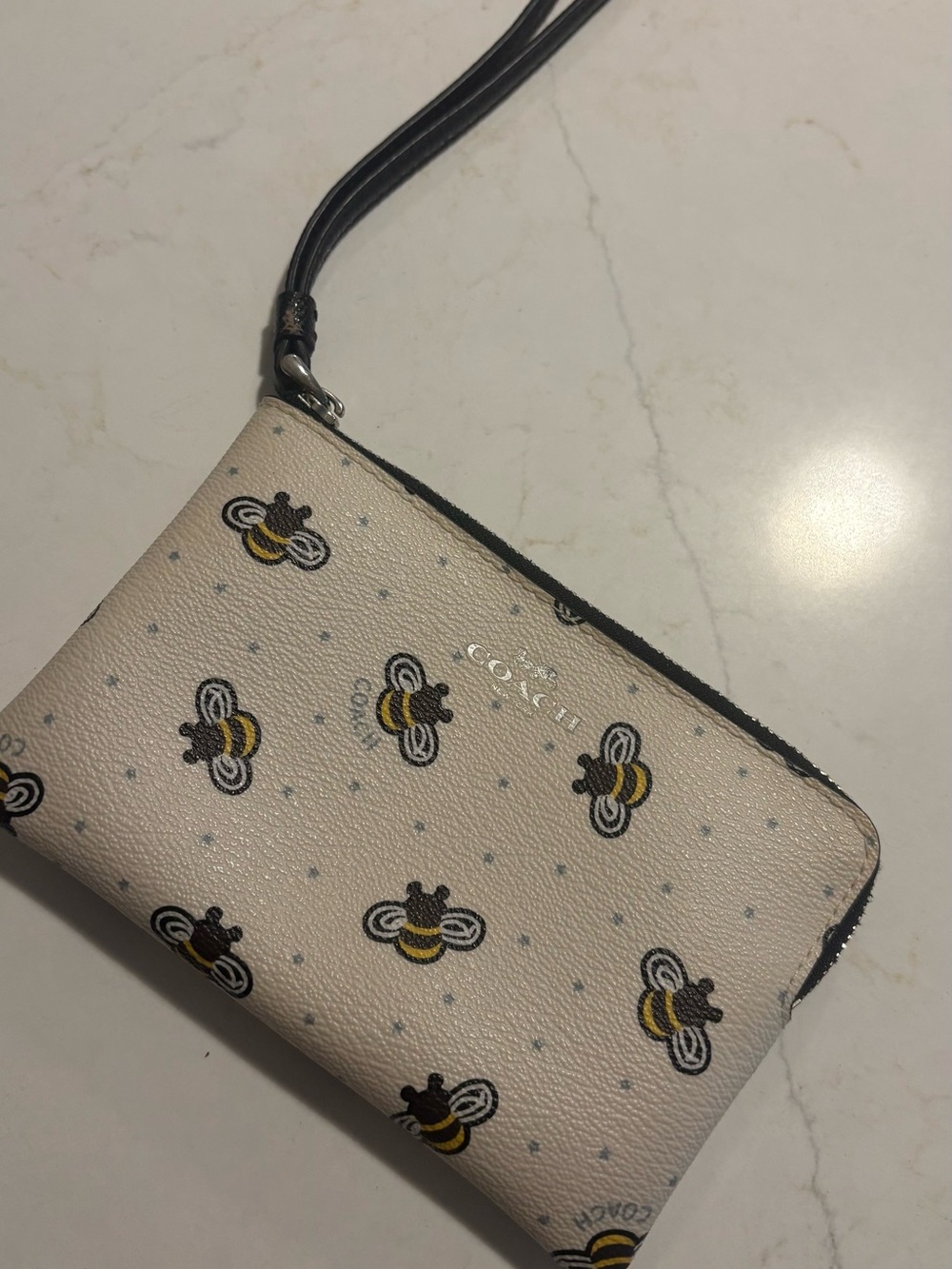 Coach Cream Bee Print Leather Wristlet